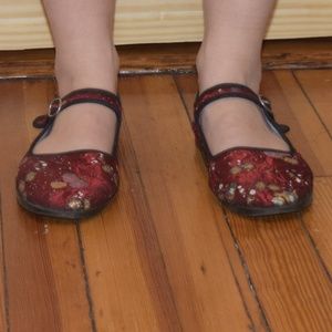 Red and Floral Fabric Mary Jane Flat Size 7